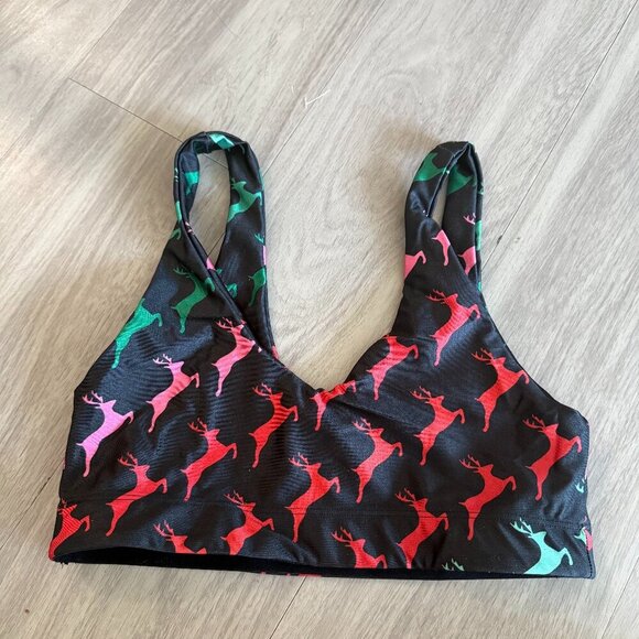 Goldsheep Holiday Reindeer Print Sports Bra Black Multi Size M - Picture 2 of 4